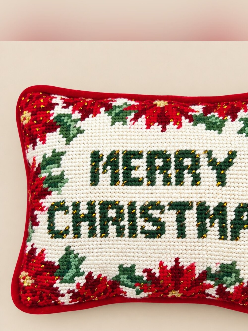 Vintage Merry Christmas Needlepoint Pillow, Poinsettia Accent Pillow, Red